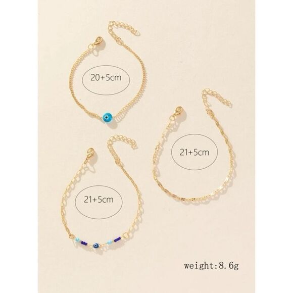 3 Pieces/Set Blue Evil Eye Ankle Bracelets Women Beach Vacation Style - Picture 3 of 3
